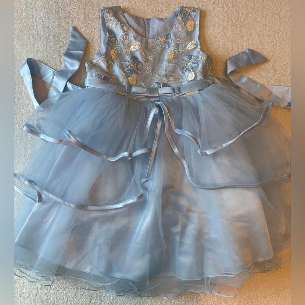 Elegant Blue Floral Dress with Tulle Skirt, Sz 140 (8-10) Easter Birthday